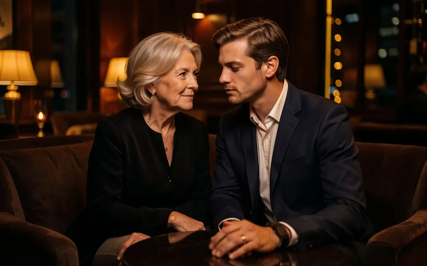 Granny Dating NZ - Sophisticated Older Woman and Younger Man Sharing a Evening Drink in New Zealand